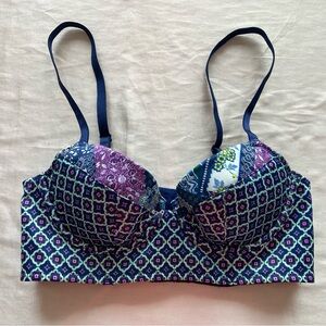 VS Set Satin Mini Bustier in Blue Myriad Print 32b, Satin Short XS, Panty XS